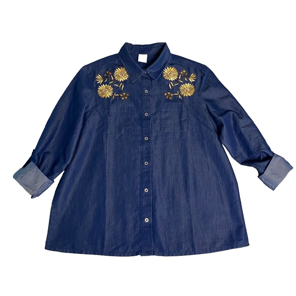 Blair Embroidered Top Button up‎ M Chambray Roll Tab Sleeve